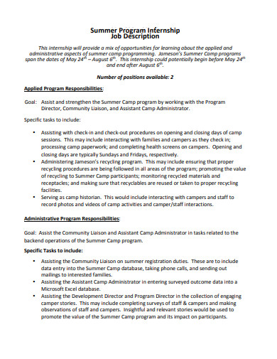 summer program internship job description