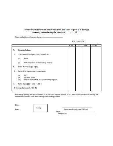 summery staement purchase form template