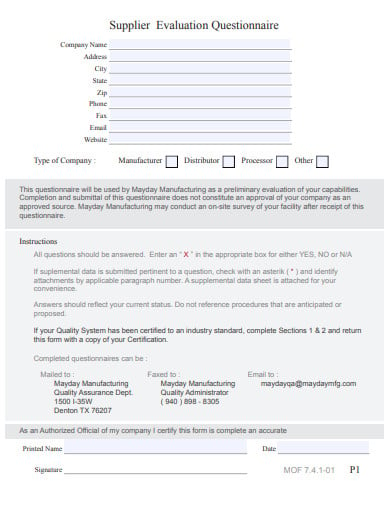 supplier evaluation questionnaire template