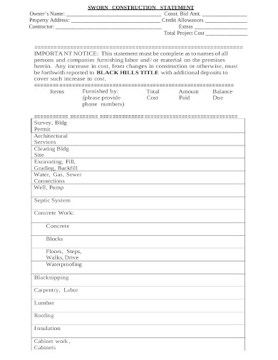 sworn construction statement format