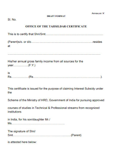 tahsildar office certificate