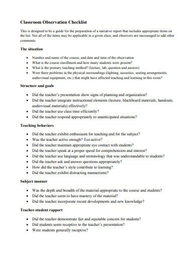teacher classroom observation checklist example