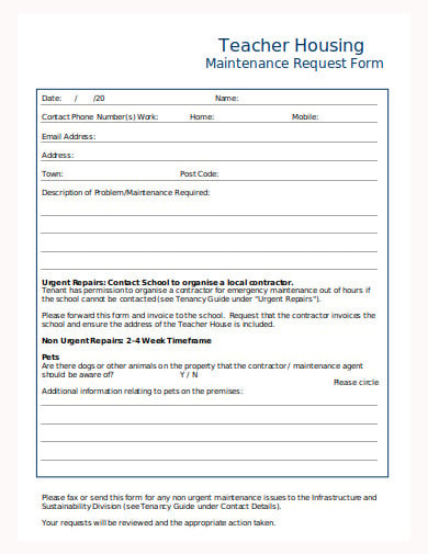 teacher housing maintenance request form template