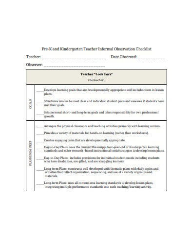 teacher informal observation checklist example