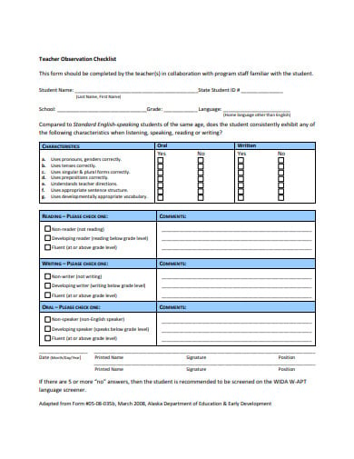 teacher observation checklist template
