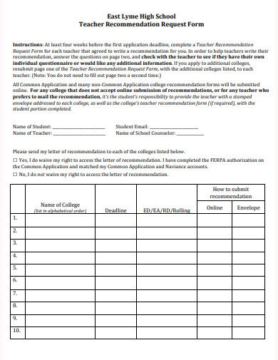 teacher recommendation request form template