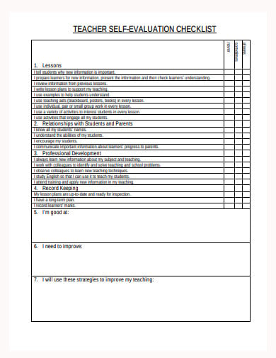 teacher self evaluation checklist template
