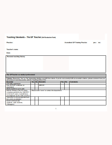 teacher self evaluation form template