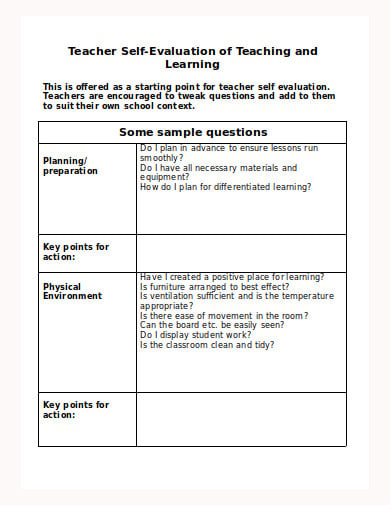 teacher self evaluation of teaching and learning template