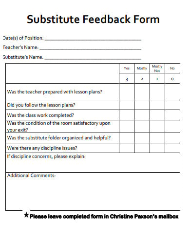 teacher substitute feedback form example