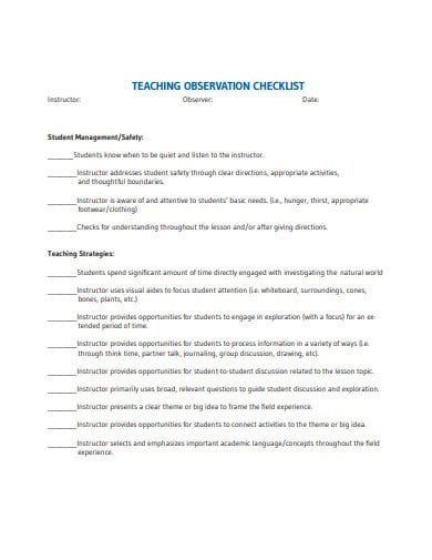 teaching observation checklist template