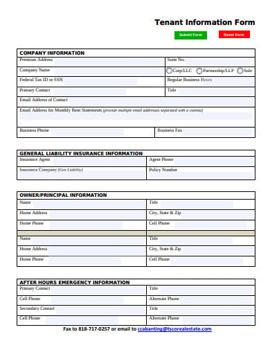 Printable Tenant Information Form