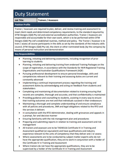 12+ Duty Statement Templates in PDF | DOC