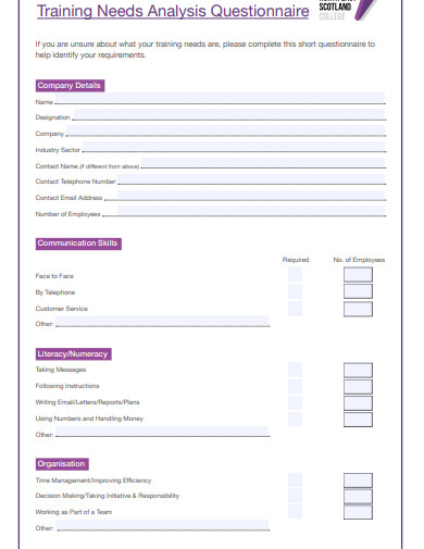 training need analysis qustionnaire template