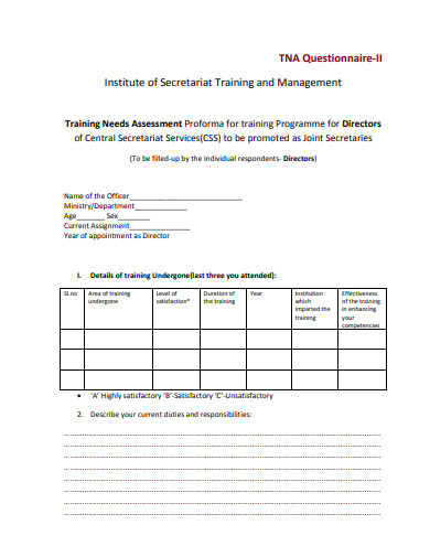 training need anlaysis questionnaire example