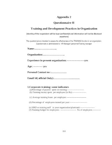 training and development questionnaire template