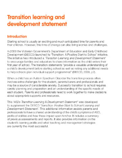 transition learning and development statement