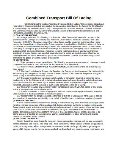 transport bill of lading template