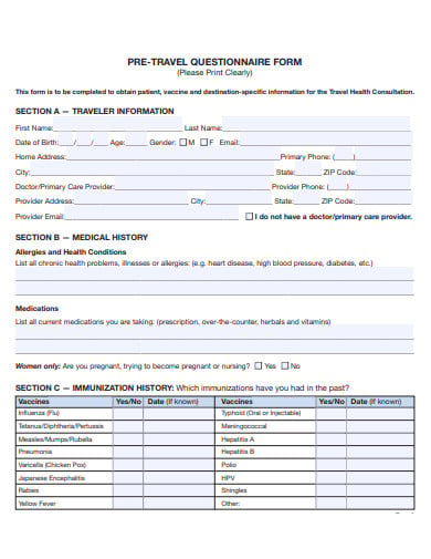 travel questionnaire form