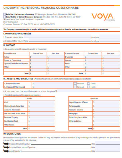 underwriting personal financial questionnaire