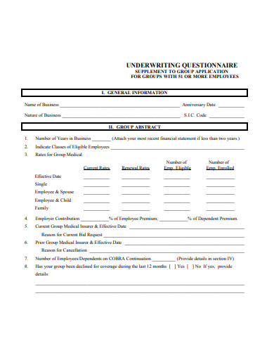 underwriting questionnaire template