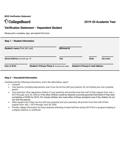 verification statement of dependent student