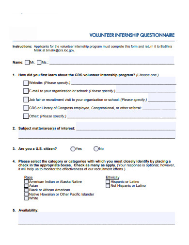 volunteer internship questionnaire template