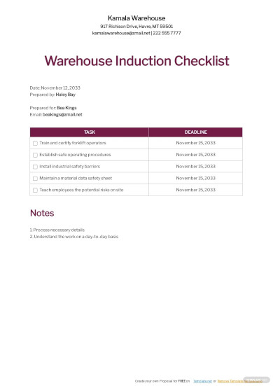warehouse induction checklist template