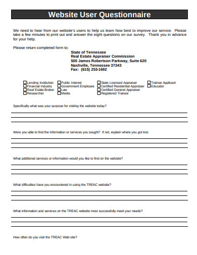 20  Website Questionnaire Templates in PDF MS Word