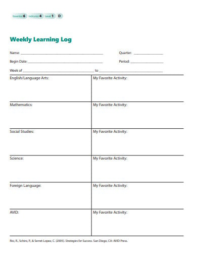 weekly learning log template in pdf