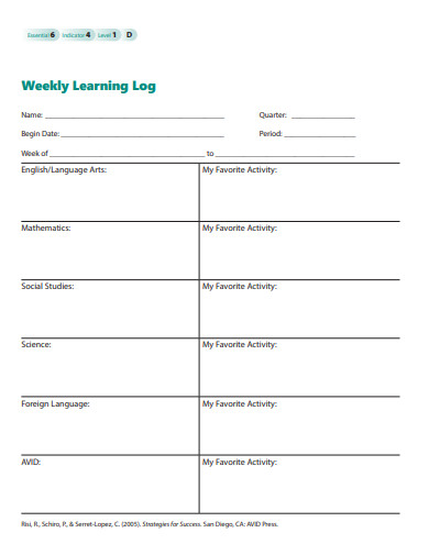 weekly learning log template in pdf