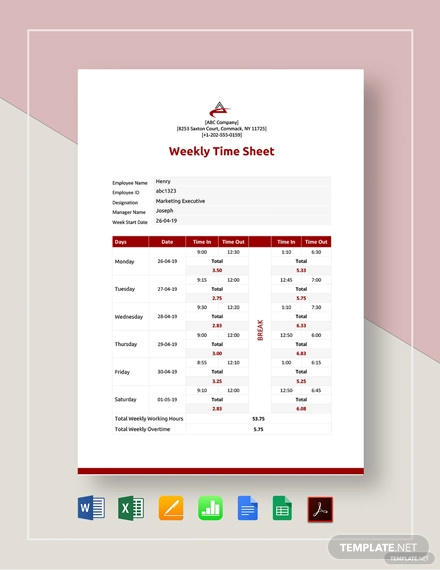 28+ Weekly Timesheet Templates – Free Sample, Example Format Download