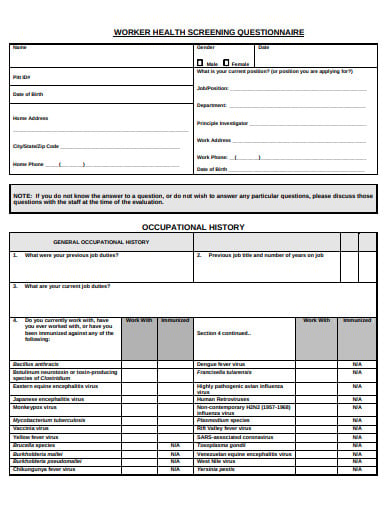 worker health screening questionnaire template