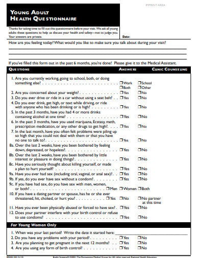 young adult health questionnaire template