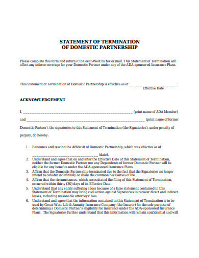 acknowledgement statement of termination