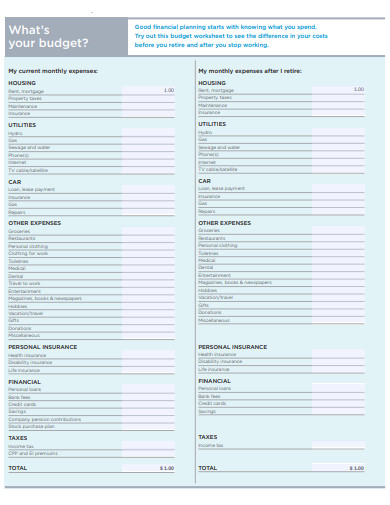 retirement expense worksheet pdf