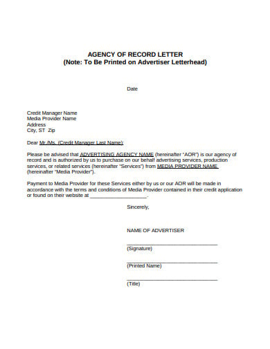 Agency Of Record Letter Template ?width=390