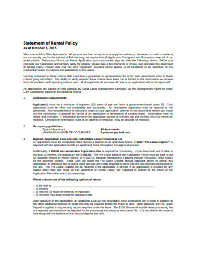 apartment rental policy statement