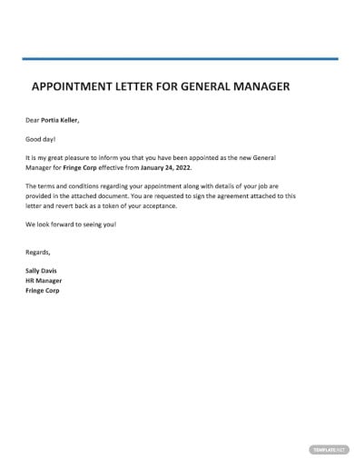 appointment letter for general manager template