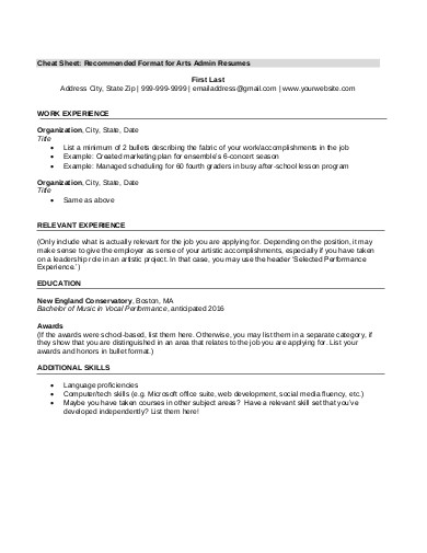 arts administration resume template