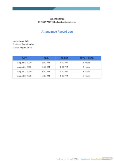 attendance record log template