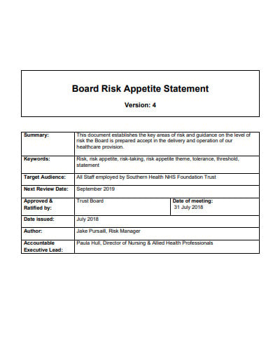 board risk appetite statement template