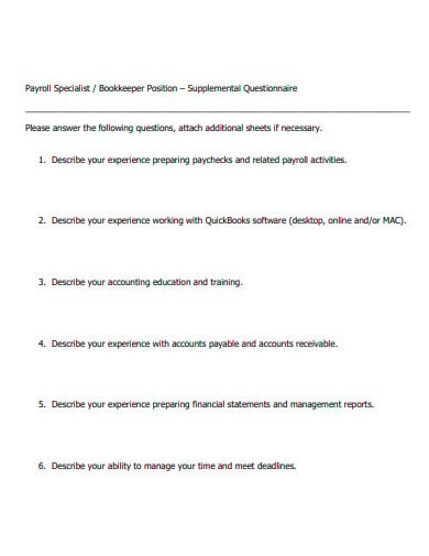 bookkeeper position questionnaire sample