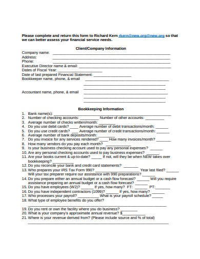 bookkeeping questionnaire return form