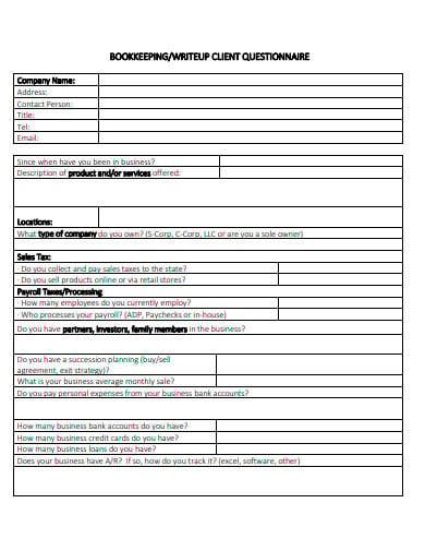 bookkeeping writeup client questionnaire template
