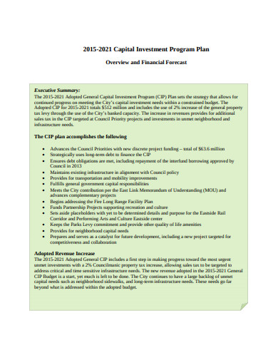 capital investment plan overview and financial forecast
