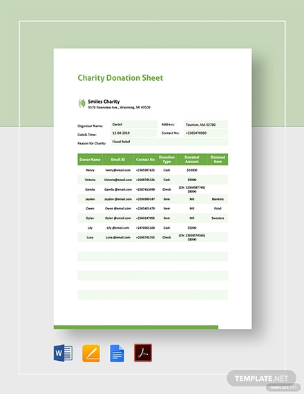 charity donation sheet template