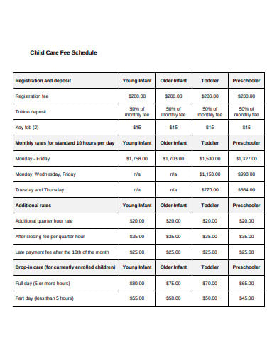 child care fee schedule template