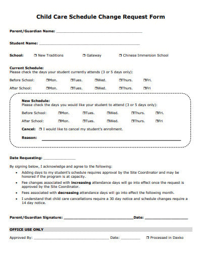 child care schedule change request form