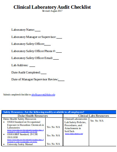 clinical laboratory safety audit checklist template